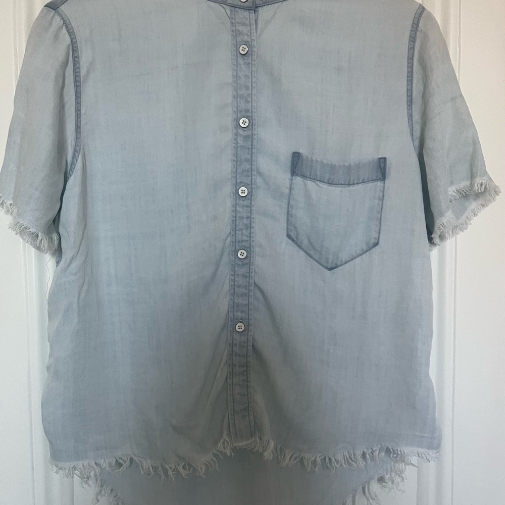 Light Blue Chambray Button-Up Top with Frayed Collar